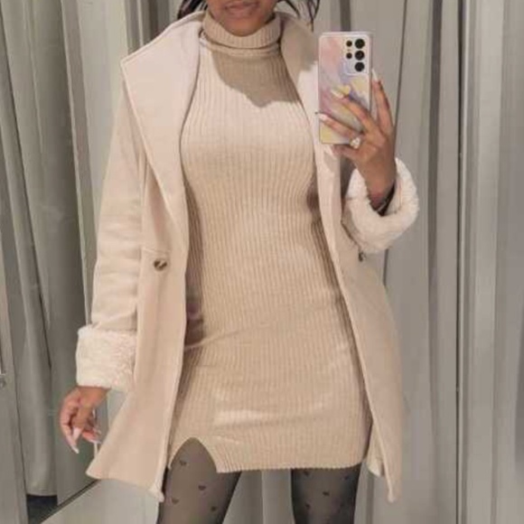 Classic Vegan Fur Double breasted Flared Hem Jacket Coat - Picture 10 of 11